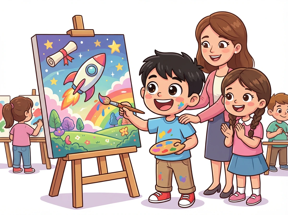 بفضل تشجيع سارة ودعم الأستاذة ليلى، يشارك سالم في المسابقة ويرسم لوحة رائعة تعبر عن أحلامه وطموحاته.