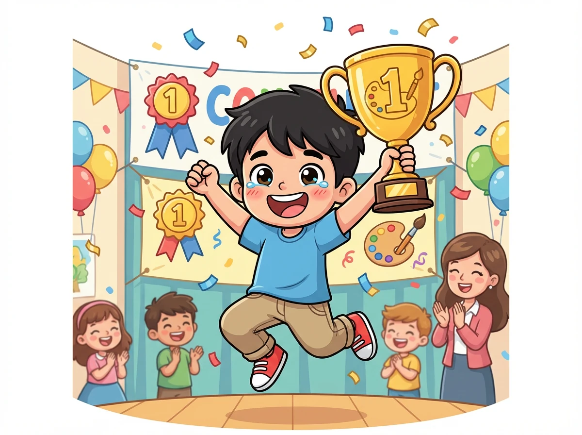 في يوم إعلان النتائج، يفوز سالم بالمركز الأول في مسابقة الرسم. الفرحة تغمره ويشعر بالثقة بالنفس أكثر من أي وقت مضى.