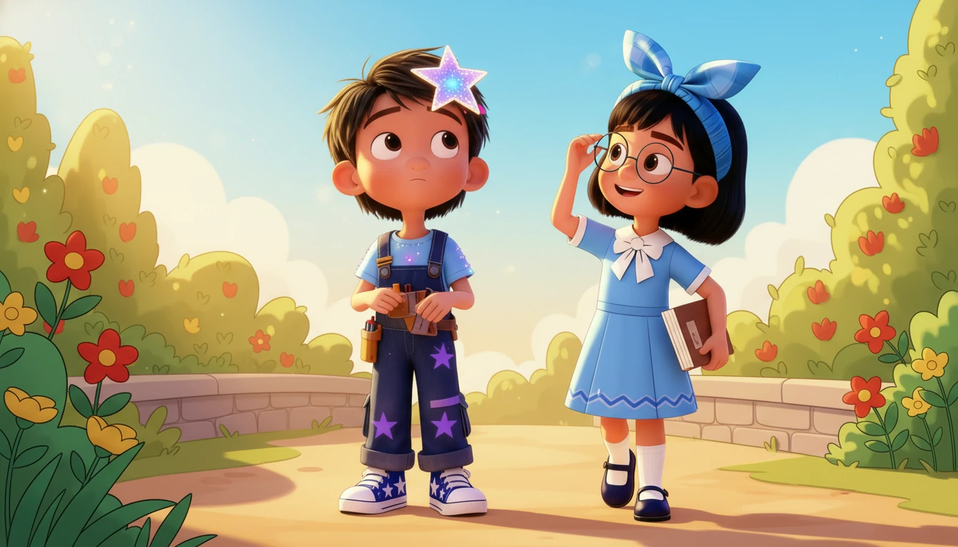 兰兰走了过来,手里拿着书,平静地调整着眼镜。她微笑着,轻轻地取笑夏星总是在观察奇怪的东西。金色的光线温柔地照亮了他们,预示着故事的开始。