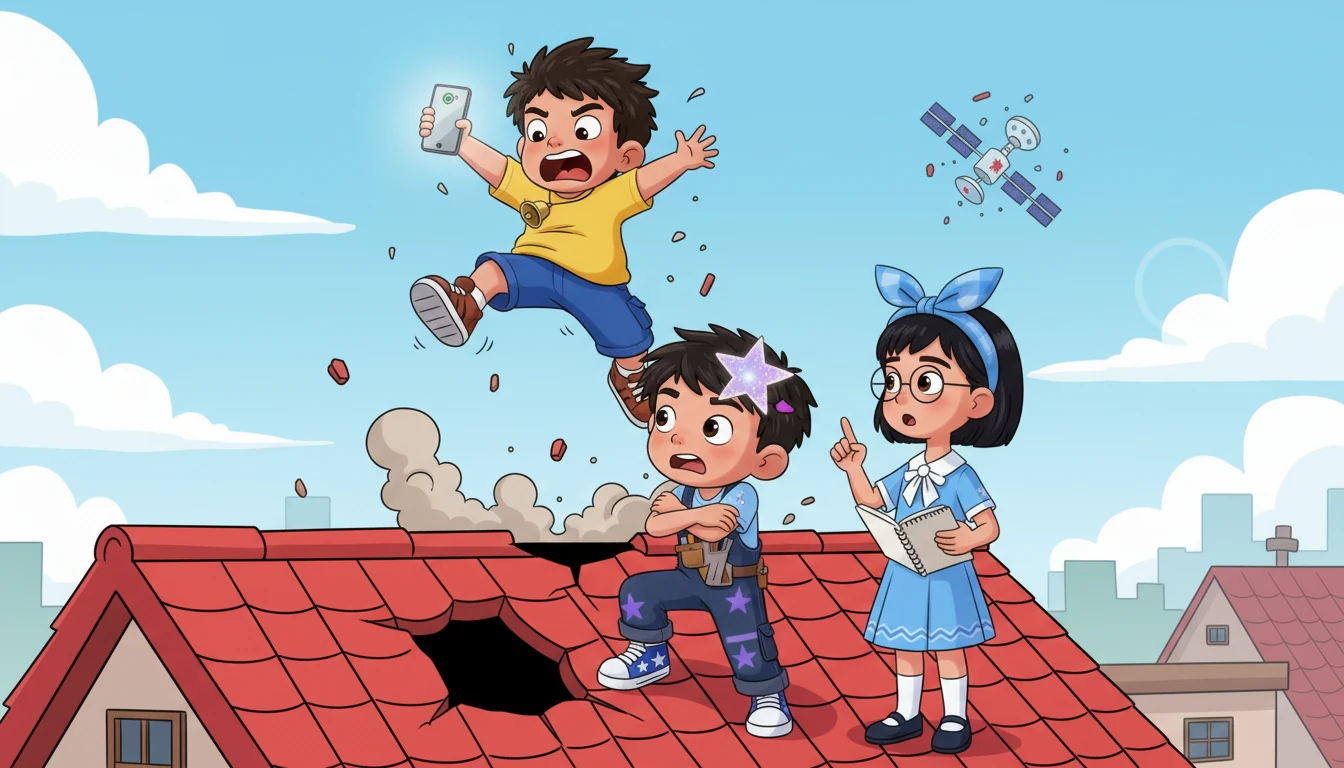 突然,夏虎猛地冲破了屋顶的门,手里挥舞着手机,气喘吁吁地跑来。“中国空间站被太空碎片击中了!”他大声喊道。三个孩子围成一圈:夏星震惊,夏虎害怕地抱住自己,兰兰冷静地纠正细节。