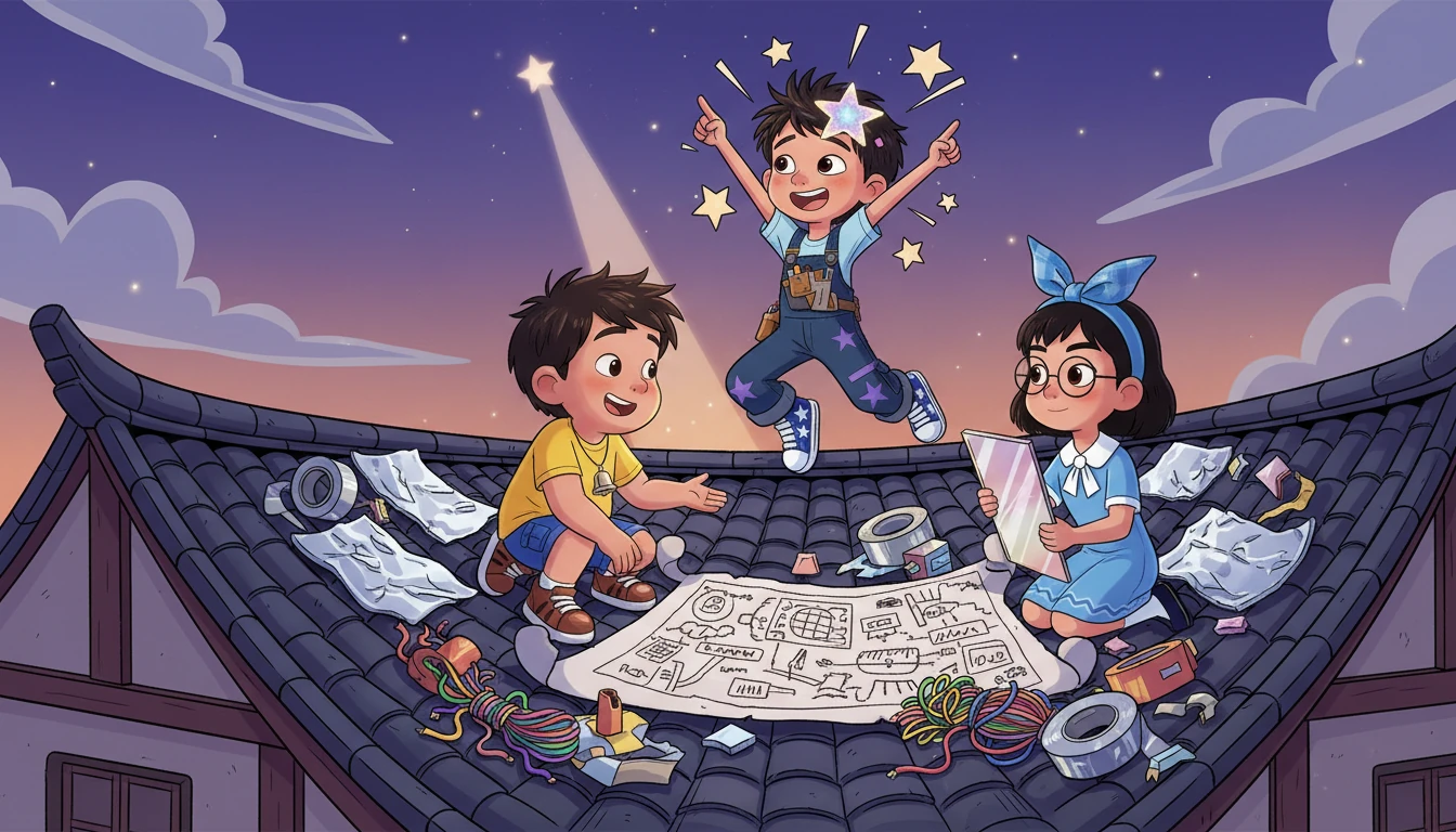 突然,夏星跳起来,指着天空,被一个大胆的想法激发了:“我们来帮助他们吧!” 兰兰认真地考虑着,建议他们可以尝试发送一个光信号。孩子们跪在屋顶上,画着凌乱的计划,堆积着工具:胶带、金属片、镜子碎片和电线。
