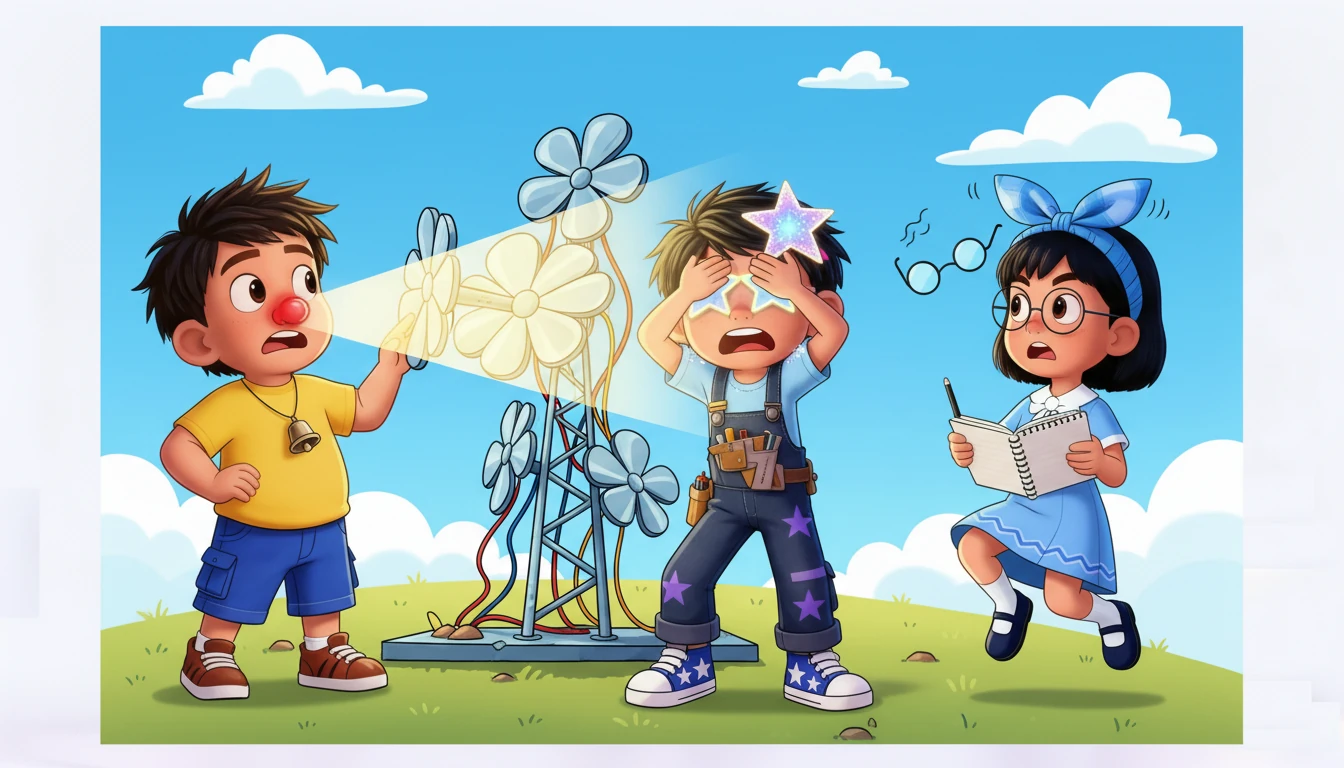 他们开始建造一个“天空信号装置”——一个笨拙的、像花一样的反射结构。夏星不小心被反射的光线弄瞎了眼睛。一片金属板弹开并敲到了夏虎的鼻子,把他的鼻子变成了红色。兰兰被夏星的喊声吓了一跳,眼镜都弹了起来。