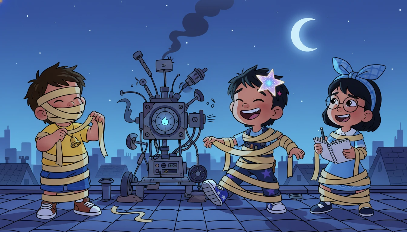 几分钟后,三个孩子都被胶带缠住了,像小木乃伊一样。他们笑着,挣脱出来,再次调整机器。夜幕降临,覆盖着屋顶的柔和蓝光。他们的第一次尝试失败了——这个装置微弱地闪烁着,然后熄灭了。孩子们失望地叹了口气。