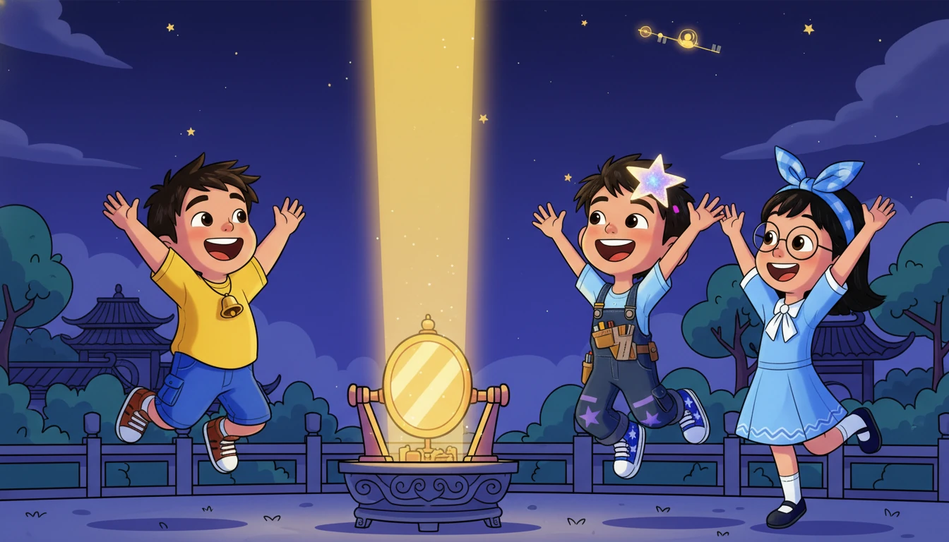 他们小心地重新调整镜子,在夜风中稳住双手。最后,这个装置向天空发射出一束温暖的光芒,照亮了他们的脸庞。三个孩子跳起来欢呼,充满了闪耀的兴奋。远处,中国空间站里的一位宇航员注意到从地球上出现的一丝微弱的、温暖的闪光。