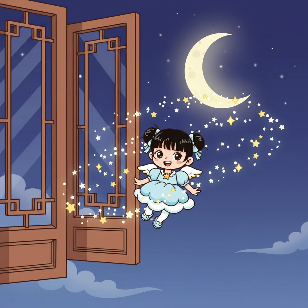 她飘出了窗户，飞向了夜空。星星在她的周围闪烁，像一颗颗小小的钻石，指引着她的方向。