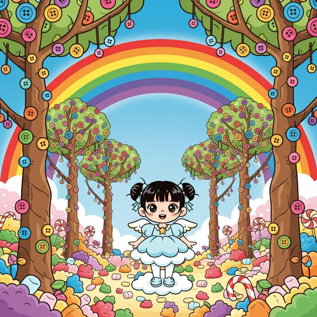 她来到了一个被彩虹环绕的糖果森林。树上挂满了巧克力豆，地上铺满了软糖。