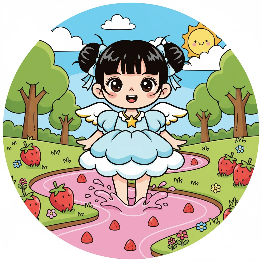 他们来到了一条小溪边，溪水是甜甜的草莓味。他们一起在溪边玩耍，享受着快乐的时光。