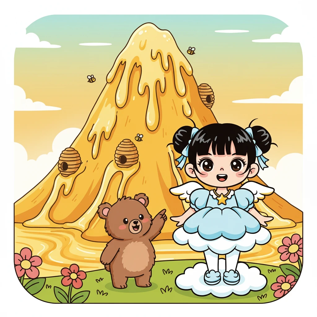 他们终于来到了蜂蜜山。熊宝宝 (xióng bǎo bao) 指着山顶，那是它温暖的家。