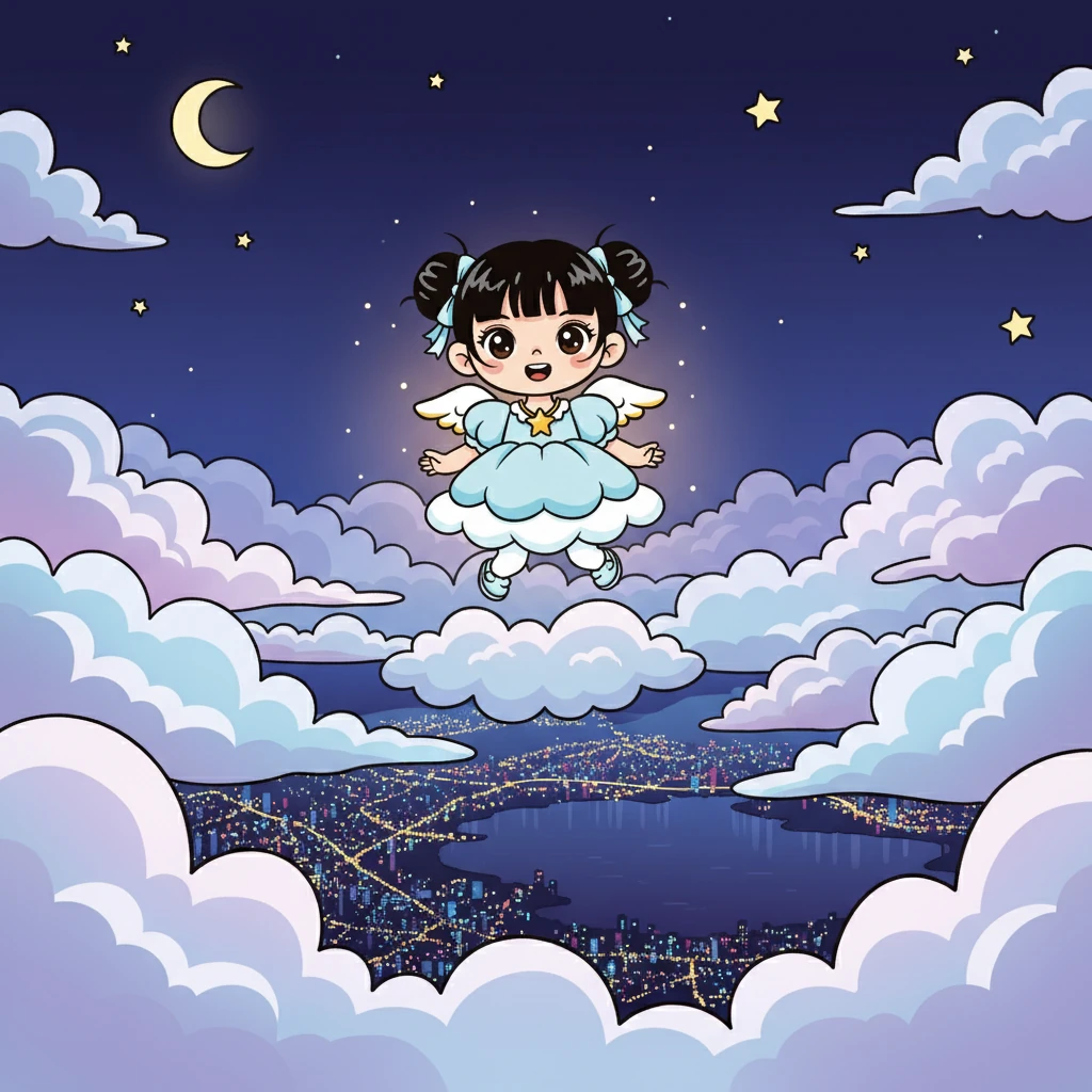 她再次飞过云海，看到了美丽的夜景。她的翅膀闪耀着柔和的光芒。