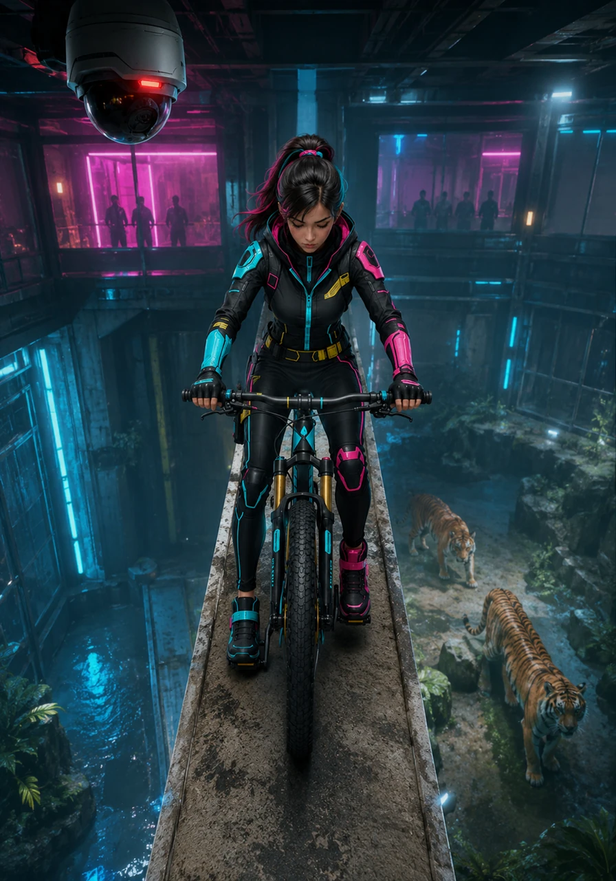 High above the indoor tiger habitat, Elena lines up her bicycle at the start of a narrow, elevated concrete skywalk. The overhead security camera blinks with a red REC indicator, capturing her deep breath as she prepares for the ultimate test of balance.