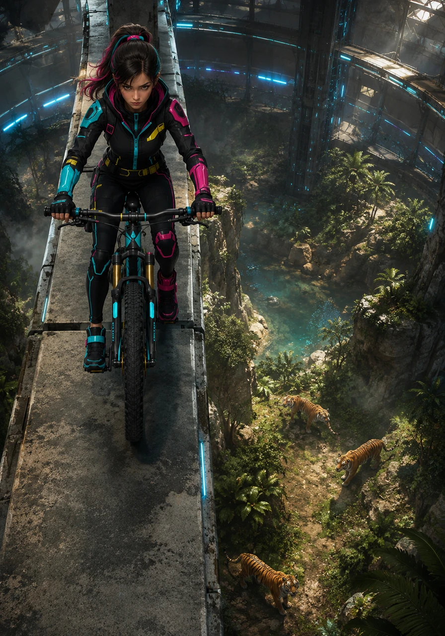 Below her, the massive indoor enclosure stretches out with realistic rock formations, lush tropical greenery, and a shimmering pool. Elena grips her handlebars tightly, her eyes locked on the thin concrete path ahead while three magnificent tigers roam the ground below.