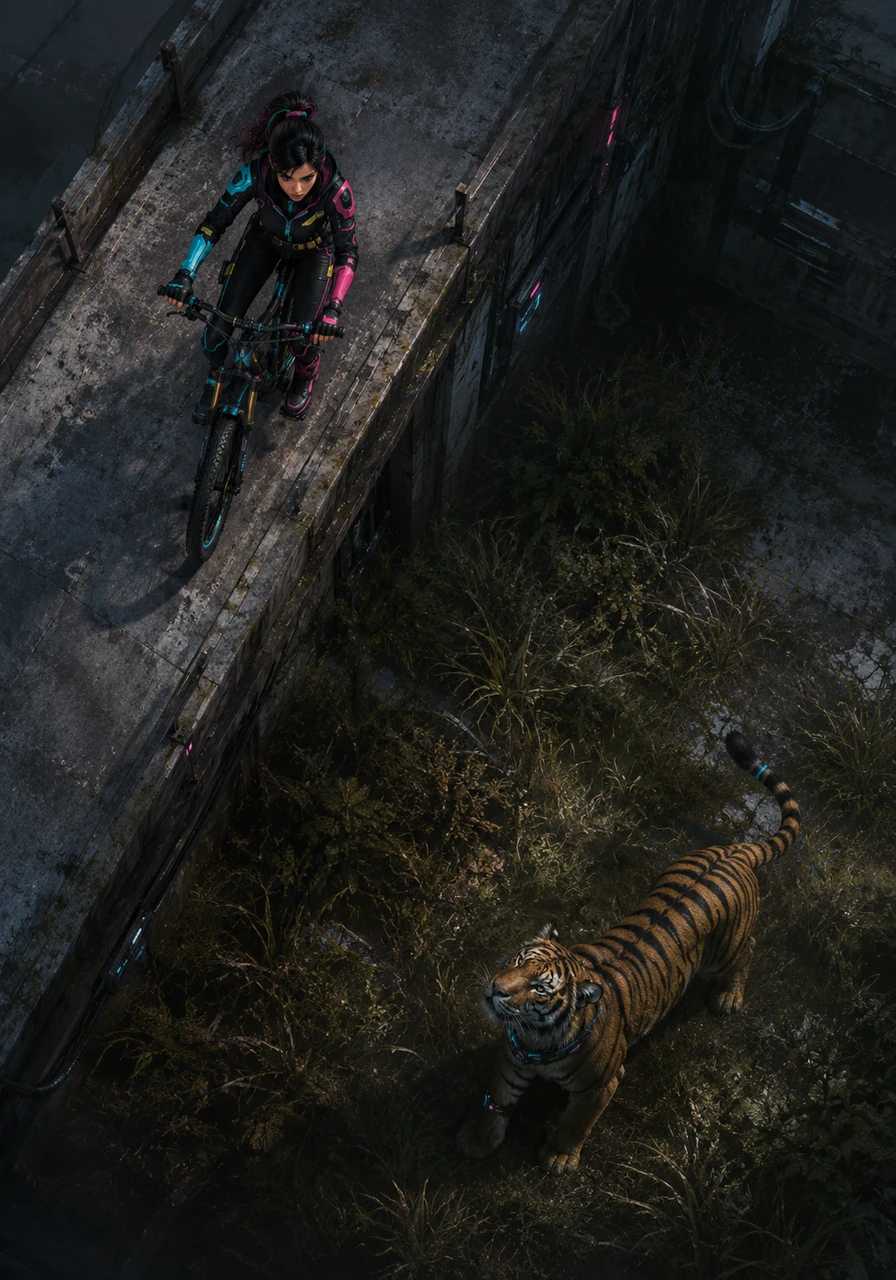 Elena pushes off slowly, her tires making a faint grit sound against the gray concrete. The surveillance footage shows her absolute focus as a massive Bengal tiger pauses in the grass below, lifting its head to track her movement.