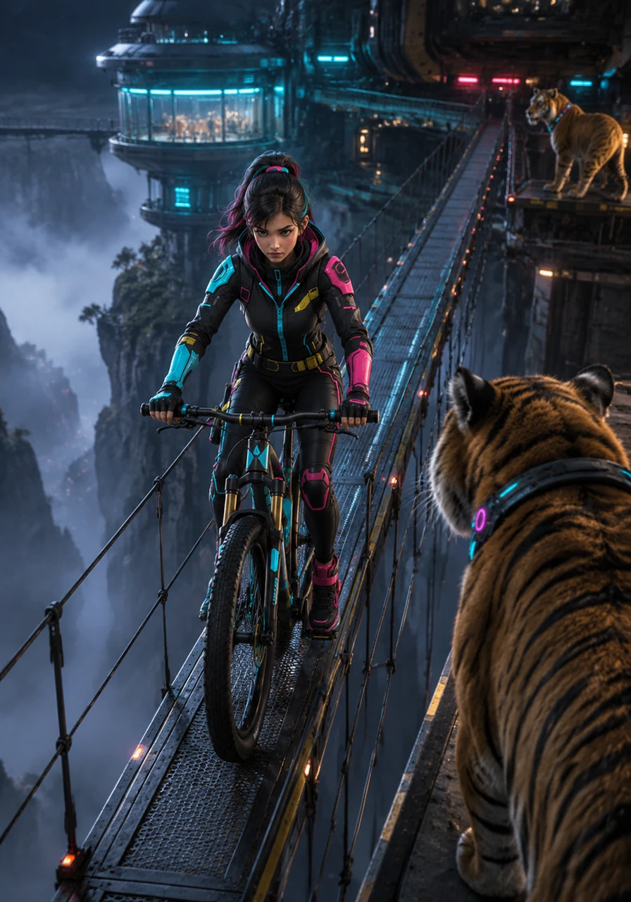 Halfway across the skywalk, the path seems to narrow even more against the vast backdrop of the engineered wildlife documentary setting. Elena maintains a steady, slow pace, using minor steering adjustments to keep her balance perfect.
