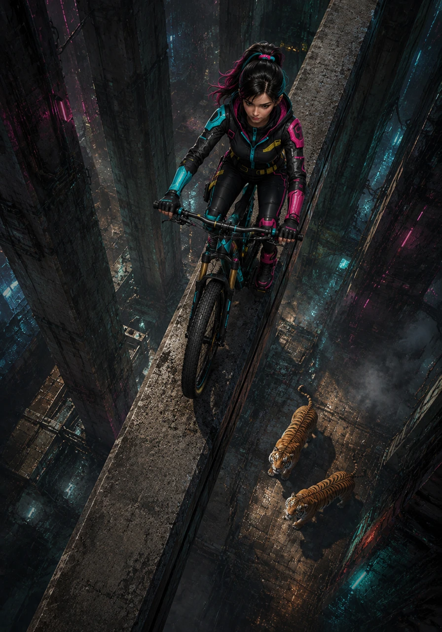 The camera angle switches to a top-down security perspective, highlighting just how high the concrete beam is elevated above the habitat. Two tigers gather near the base of the structural pillars, watching the slow-moving bicycle with calm, feline curiosity.