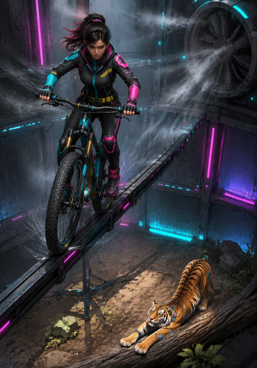 A sudden gust from the enclosure's ventilation system tests Elena's nerves, causing her front wheel to wobble slightly. She freezes her upper body, exhaling slowly to regain her center while a tiger below stretches lazily against a nearby log.