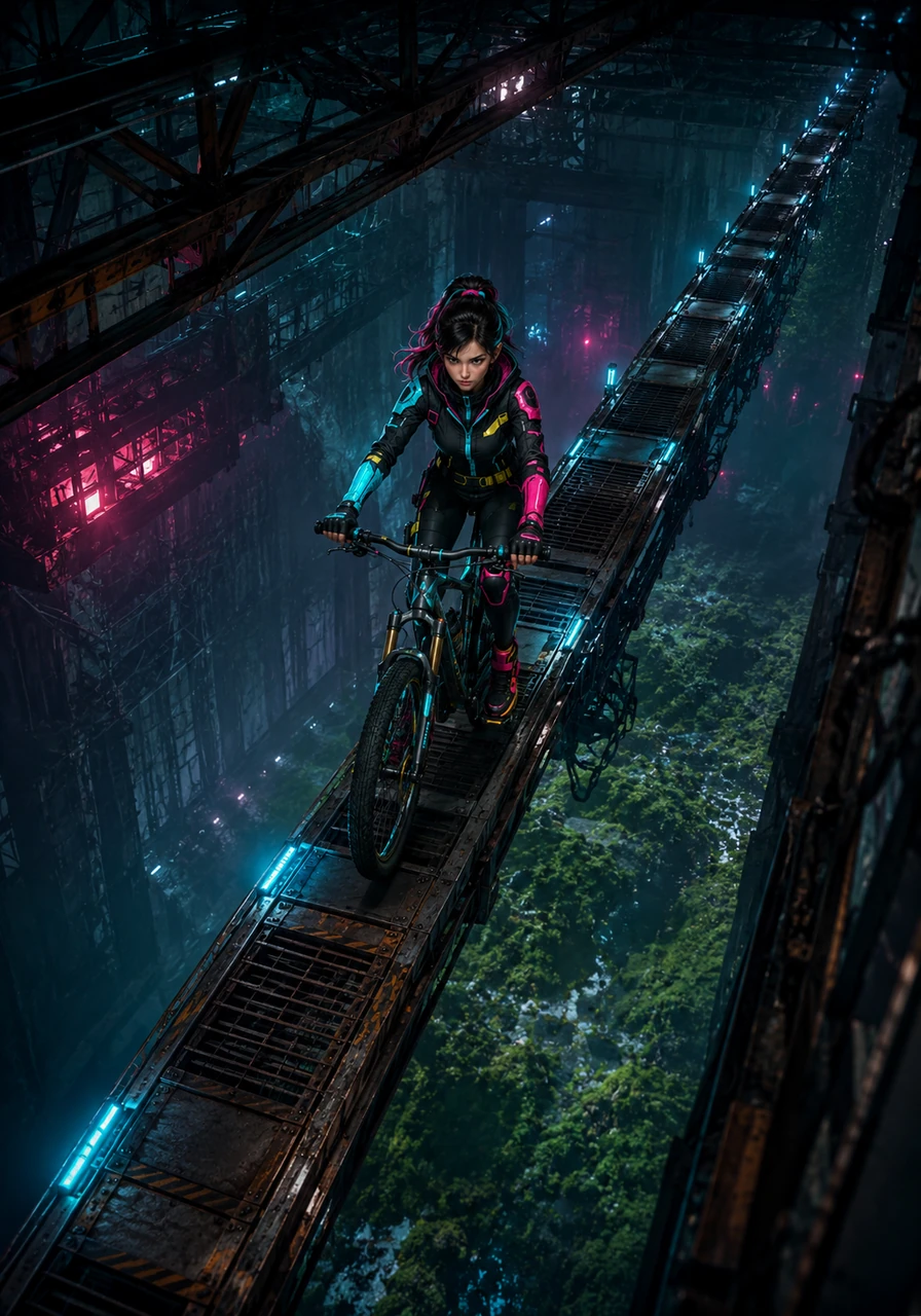 The cinematic surveillance feed captures the ultra-detailed environment, from the industrial steel beams of the roof to the textured moss on the ground below. Elena is now three-quarters of the way across, her legs pedaling with deliberate, rhythmic caution.