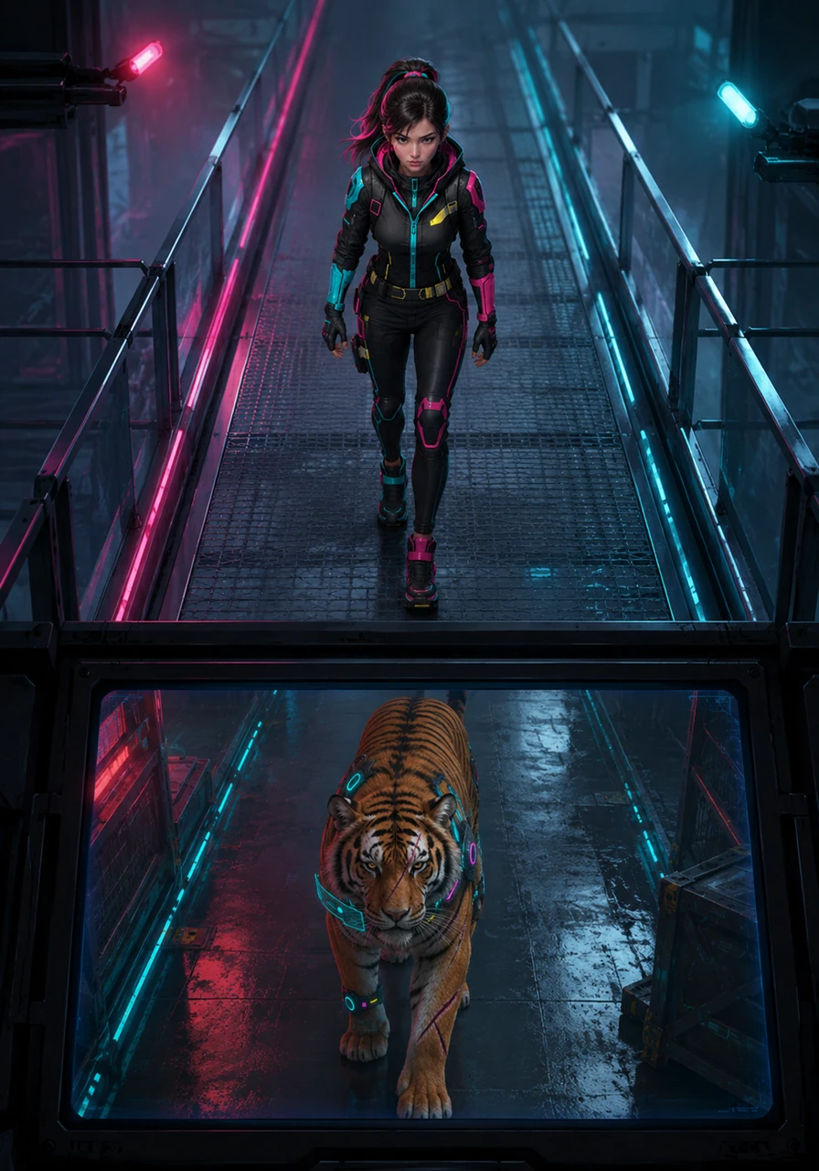 An older, scarred male tiger walks directly beneath the skywalk, its powerful stride visible in sharp definition on the security monitor. Elena keeps her gaze fixed strictly ahead, refusing to look down at the apex predator just twenty feet below her feet.