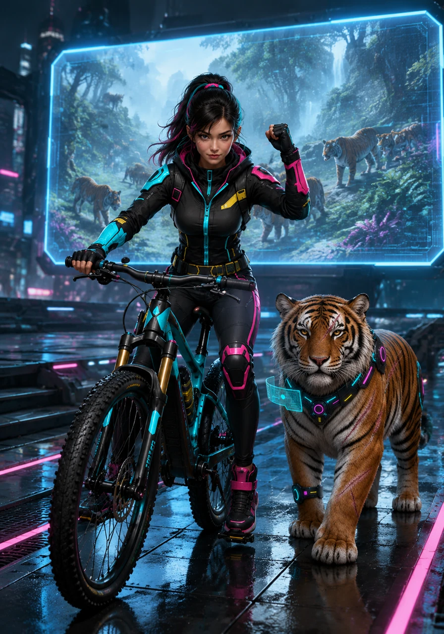 With a smooth glide, Elena rolls onto the wide platform and gently brings her bicycle to a stop. On the security screen, the tigers return to their peaceful roaming, leaving Elena to celebrate a breathtaking victory of focus and courage.