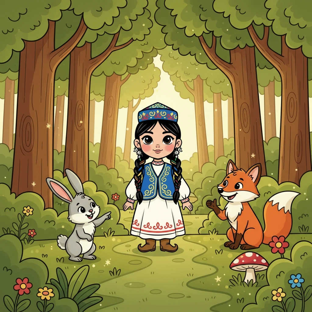 Айсұлу жоғалған жұлдызды іздеуге бел буды. Ол үлкен орманға кіріп, әр түрлі жануарлармен танысты. Қоян оған жол көрсетті, түлкі оған кеңес берді.