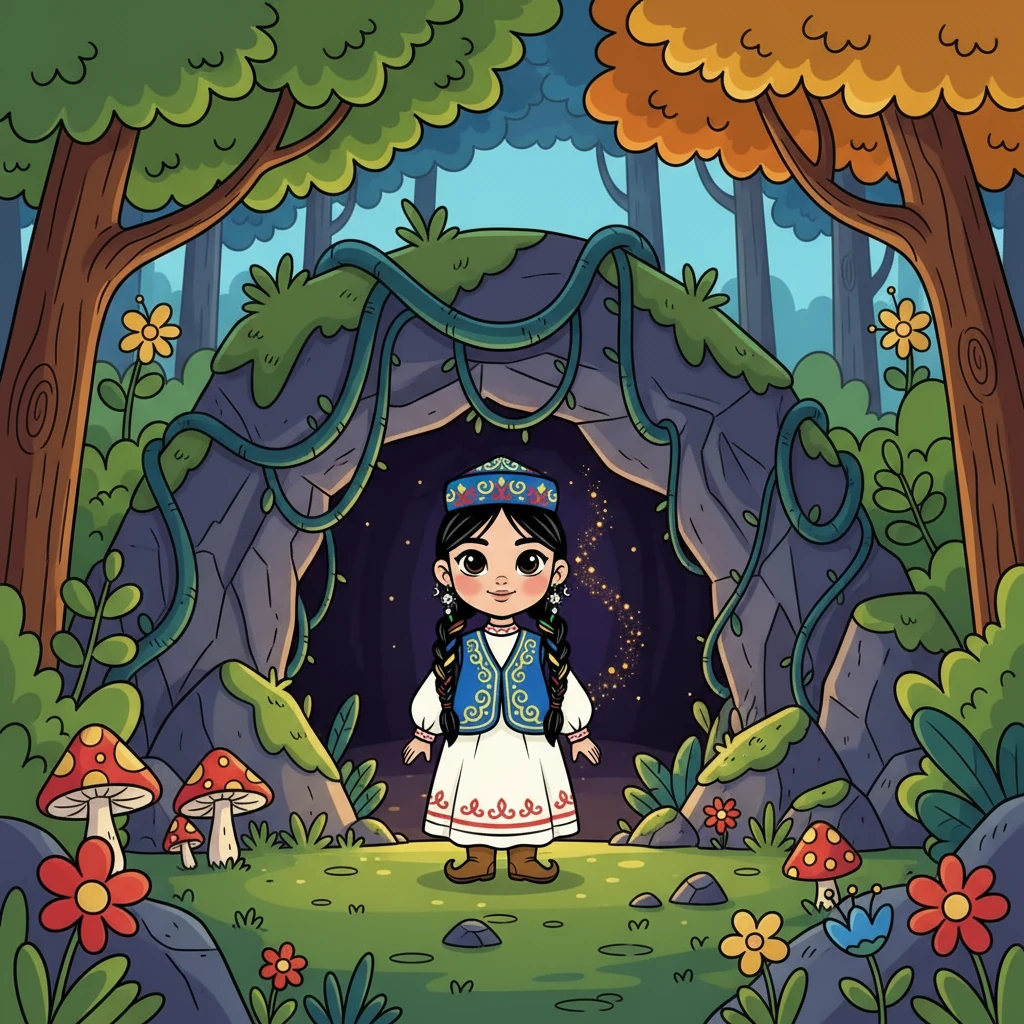 Орманның ішінде Айсұлу жасырын үңгірге тап болды. Үңгірдің іші қараңғы болды, бірақ ол қорықпады. Ол батылдықпен ішке кірді.