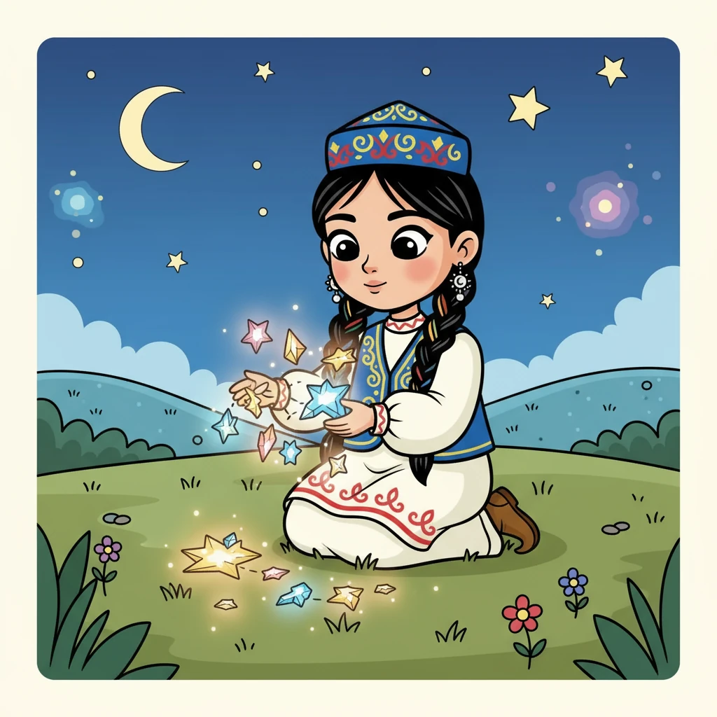 Айсұлу жерге түскен жұлдыз сынықтарын жинай бастады. Ол әрбір сынықты мұқият жинап, оларды бірге қосты. Ол достық пен махаббат туралы ойлады.