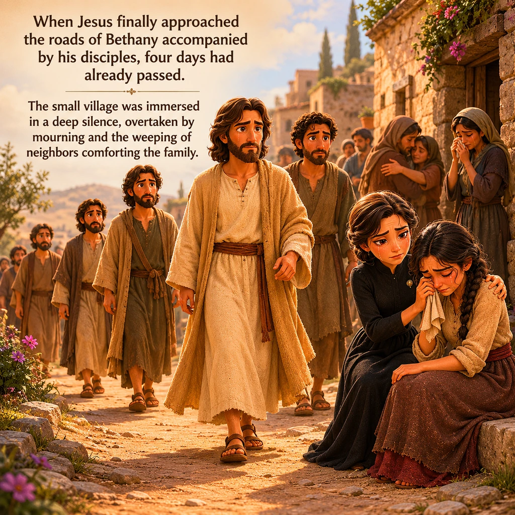 Quando Jesus finalmente se aproximou das estradas de Betânia acompanhado de seus discípulos, quatro dias já haviam se passado. A pequena vila estava i