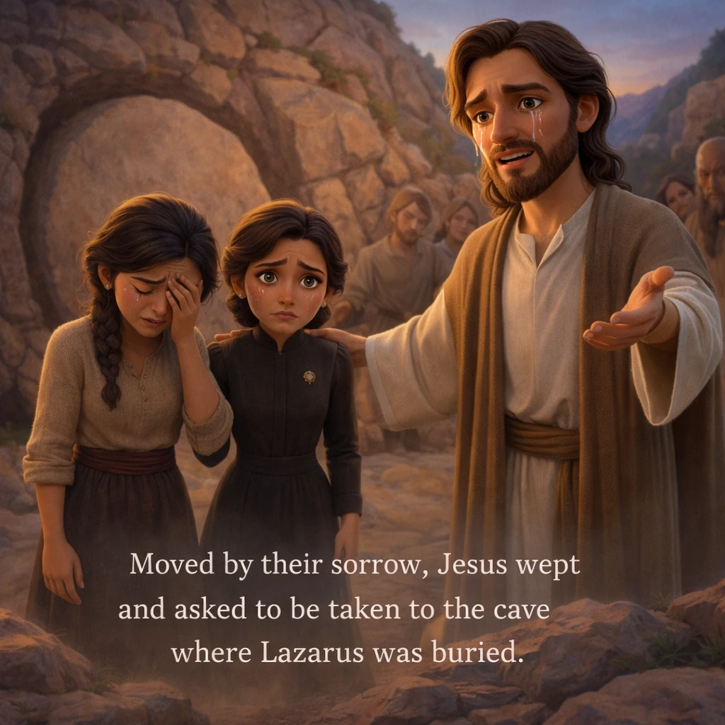 Jesus, tocado pela profunda tristeza de Maria e dos amigos que choravam, sentiu o coração condoer-se e também chorou. Ele pediu que o levassem até o l