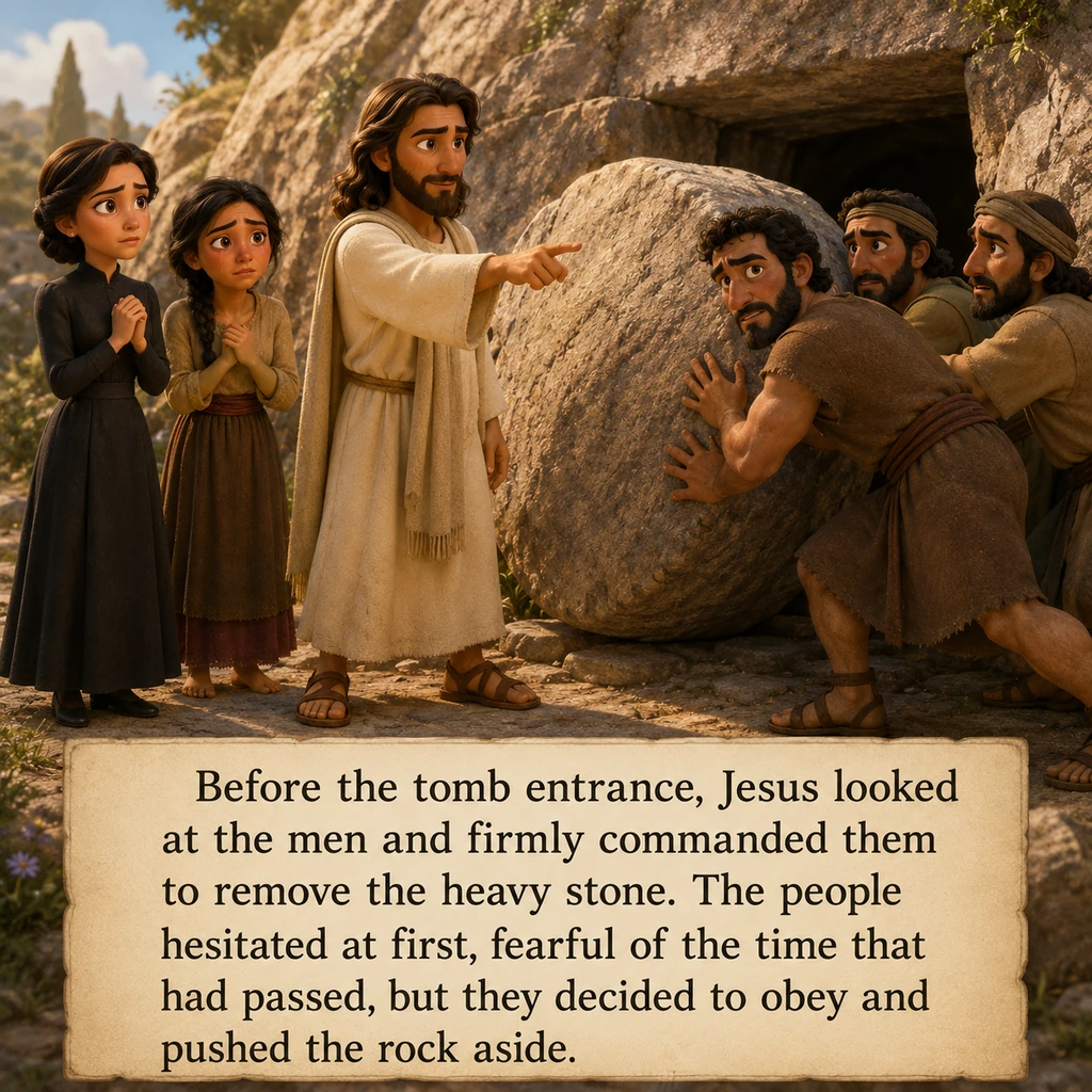 Diante da entrada do túmulo, Jesus olhou para os homens ao redor e ordenou com firmeza que retirassem a pesada pedra. As pessoas hesitaram por um mome