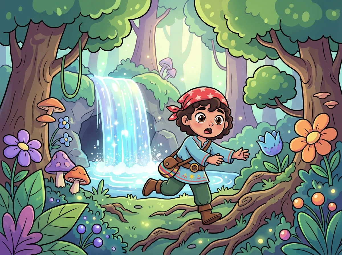 En un bosque encantado, el joven Alex se adentra buscando bayas para su familia. De repente, tropieza con una cueva oculta tras una cascada brillante.