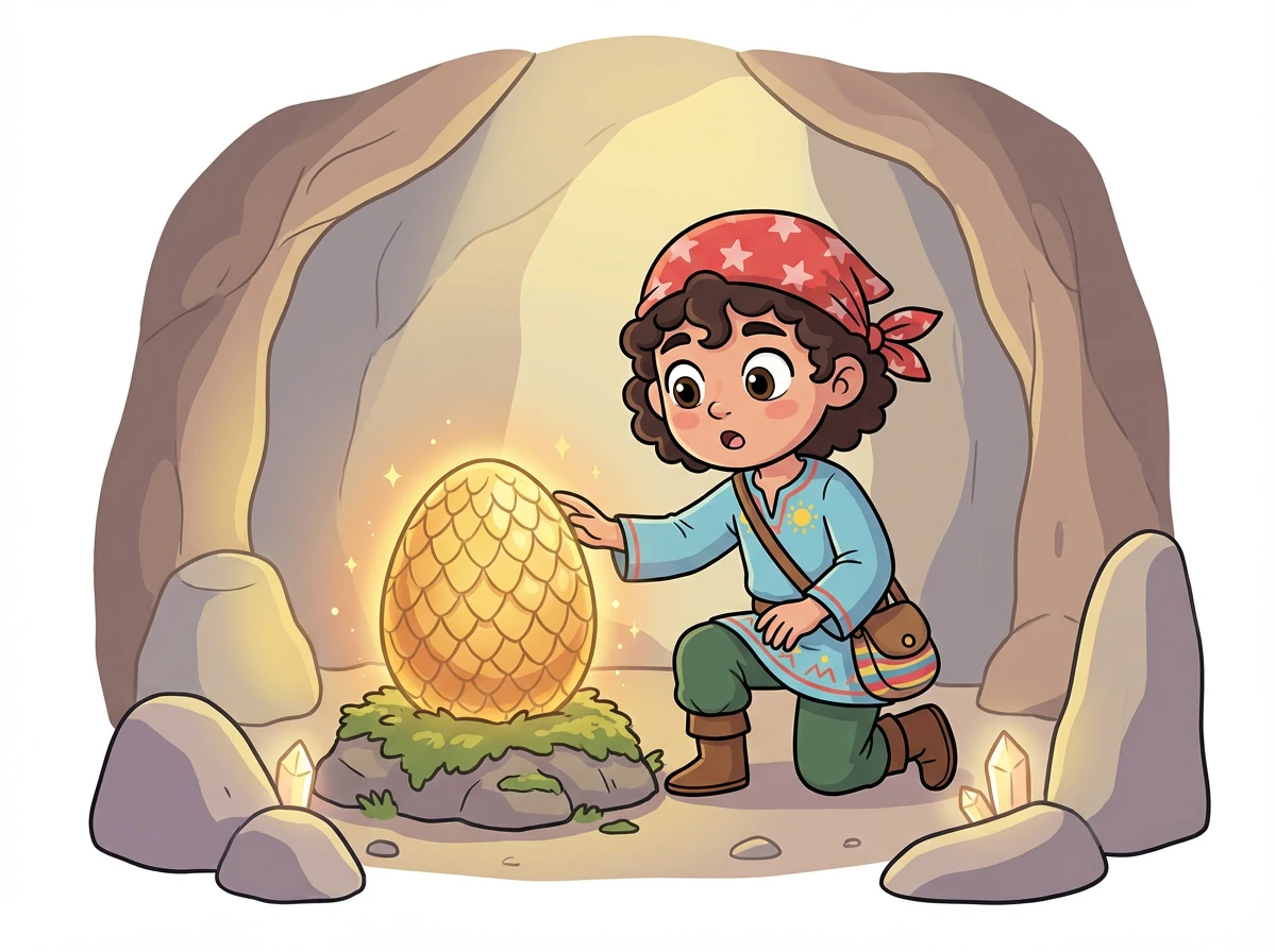 Dentro de la cueva, Alex encuentra un huevo grande y brillante, con escamas que parecen hechas de oro. Lo toca con curiosidad, sintiendo un calor extraño.