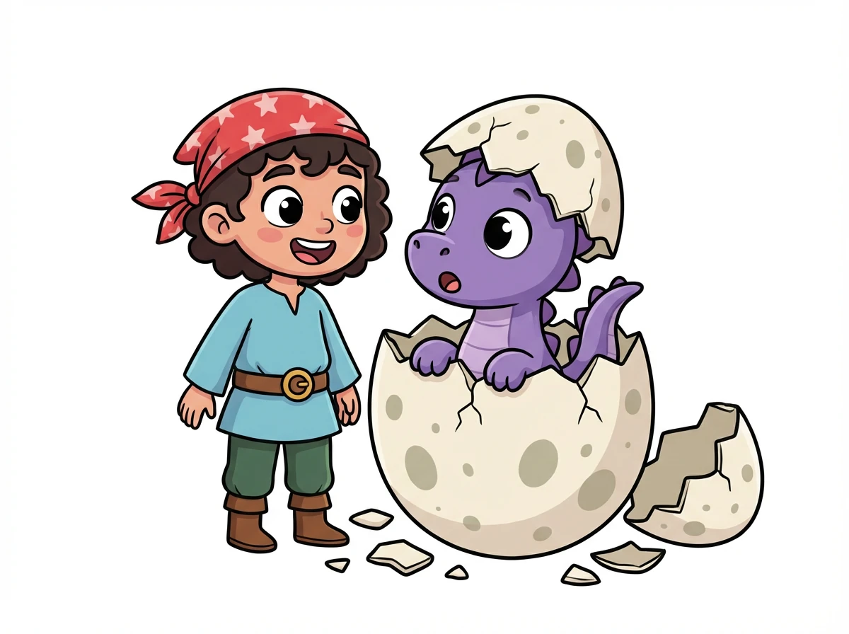 De repente, el huevo comienza a temblar y a agrietarse. Un pequeño dragón morado emerge, mirando a Alex con grandes ojos brillantes.