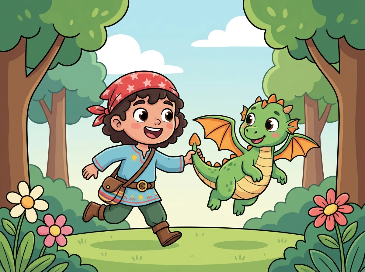 Alex, sorprendido pero no asustado, decide llamar al dragón Sparky. Se hacen amigos rápidamente, jugando entre los árboles del bosque.