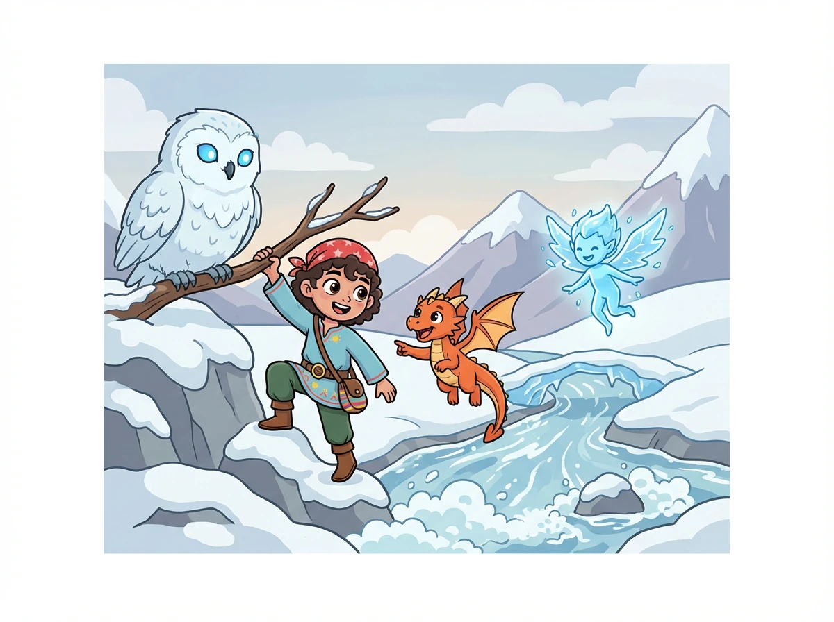 Alex y Sparky parten en una aventura épica, viajando a través de montañas nevadas y ríos caudalosos. En su camino, conocen a criaturas mágicas que les ayudan.