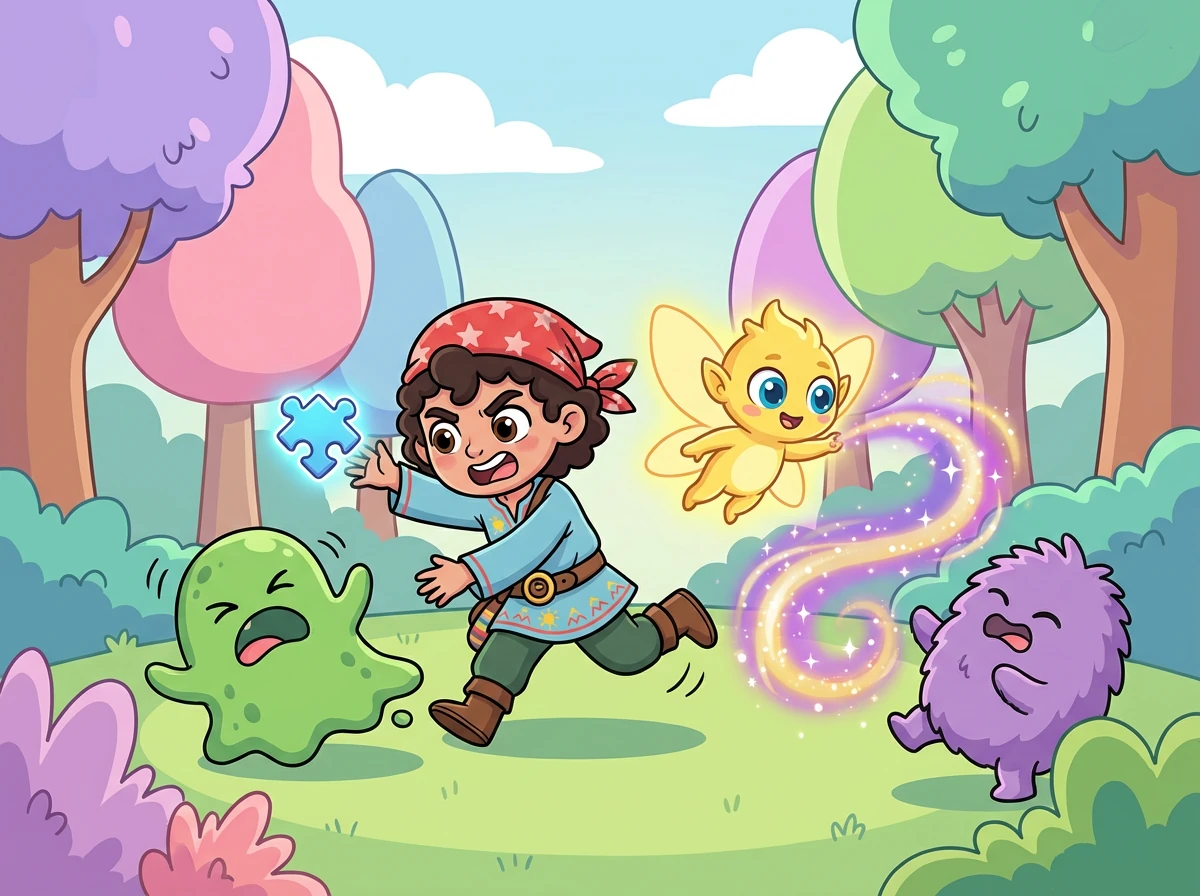 Alex y Sparky luchan valientemente contra los monstruos, usando la magia de Sparky y la inteligencia de Alex para superarlos.