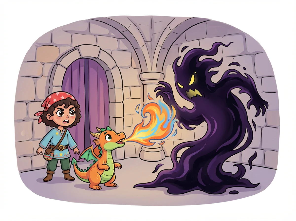 Finalmente, llegan al corazón del castillo y se enfrentan al mal antiguo, una sombra oscura que intenta consumir el reino. Sparky usa su aliento de dragón para debilitarlo.