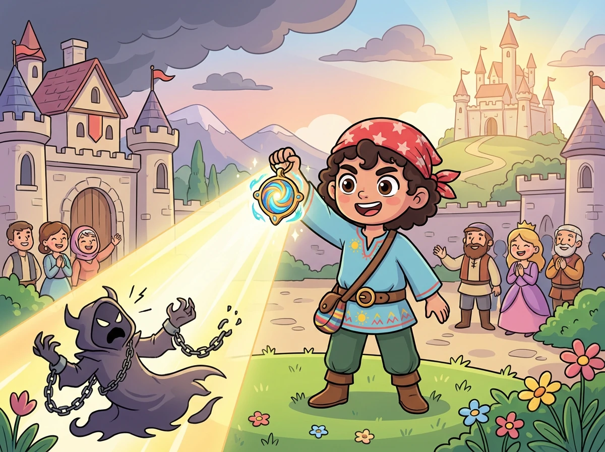 Alex, con coraje, utiliza un amuleto mágico que encontró en su viaje para derrotar al mal antiguo, salvando el reino y demostrando que incluso los más jóvenes pueden ser héroes.