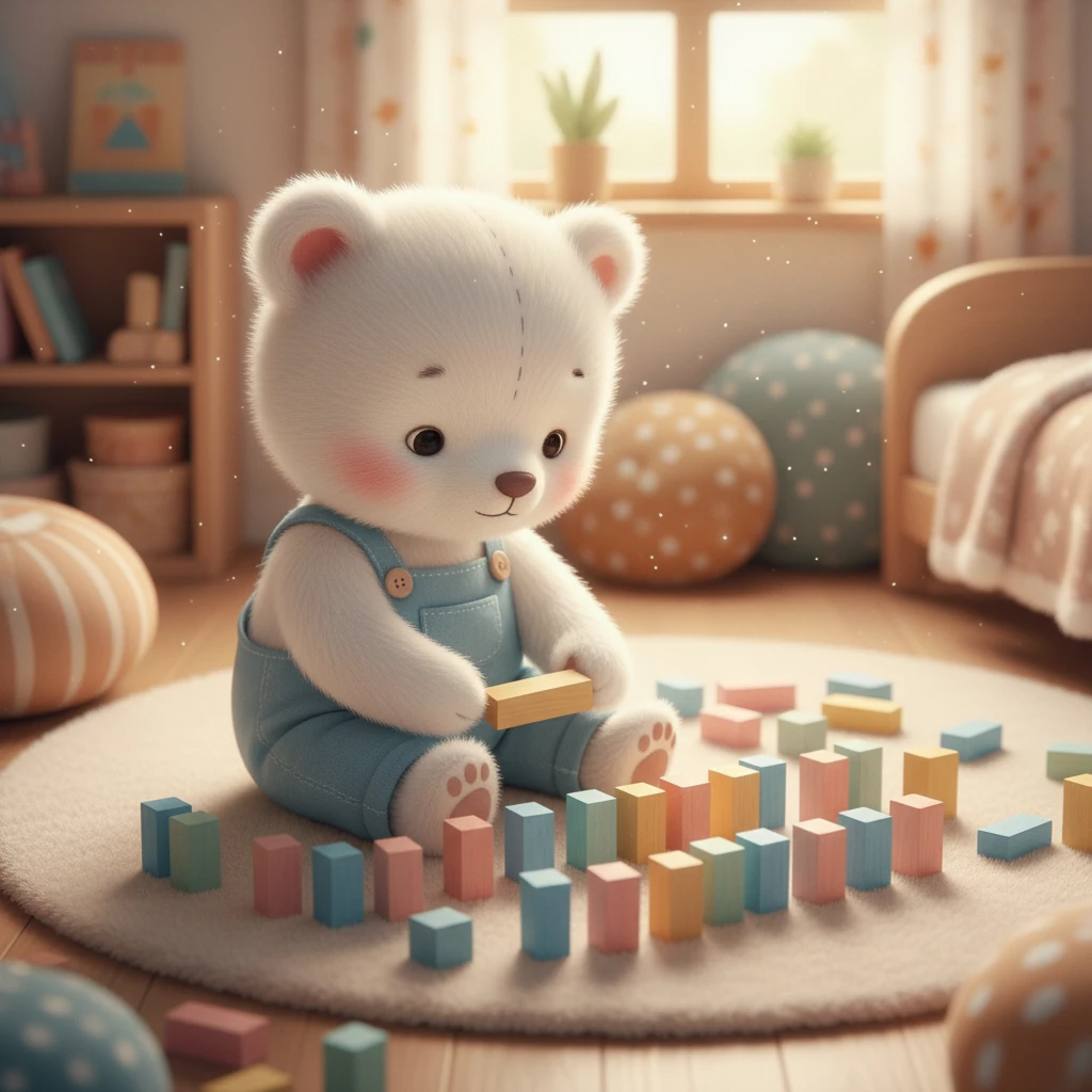 Pipo, um ursinho com pelo tão macio quanto uma nuvem, adorava seu quarto. Cada brinquedo, cada almofada redonda, tinha seu lugar perfeito e especial. Ele passava horas a organizar seus bloquinhos coloridos em filas retas e precisas, sentindo uma alegria tranquila em cada arranjo. O cheiro suave de seus cobertores favoritos enchia o ar, fazendo-o sentir-se seguro e feliz.