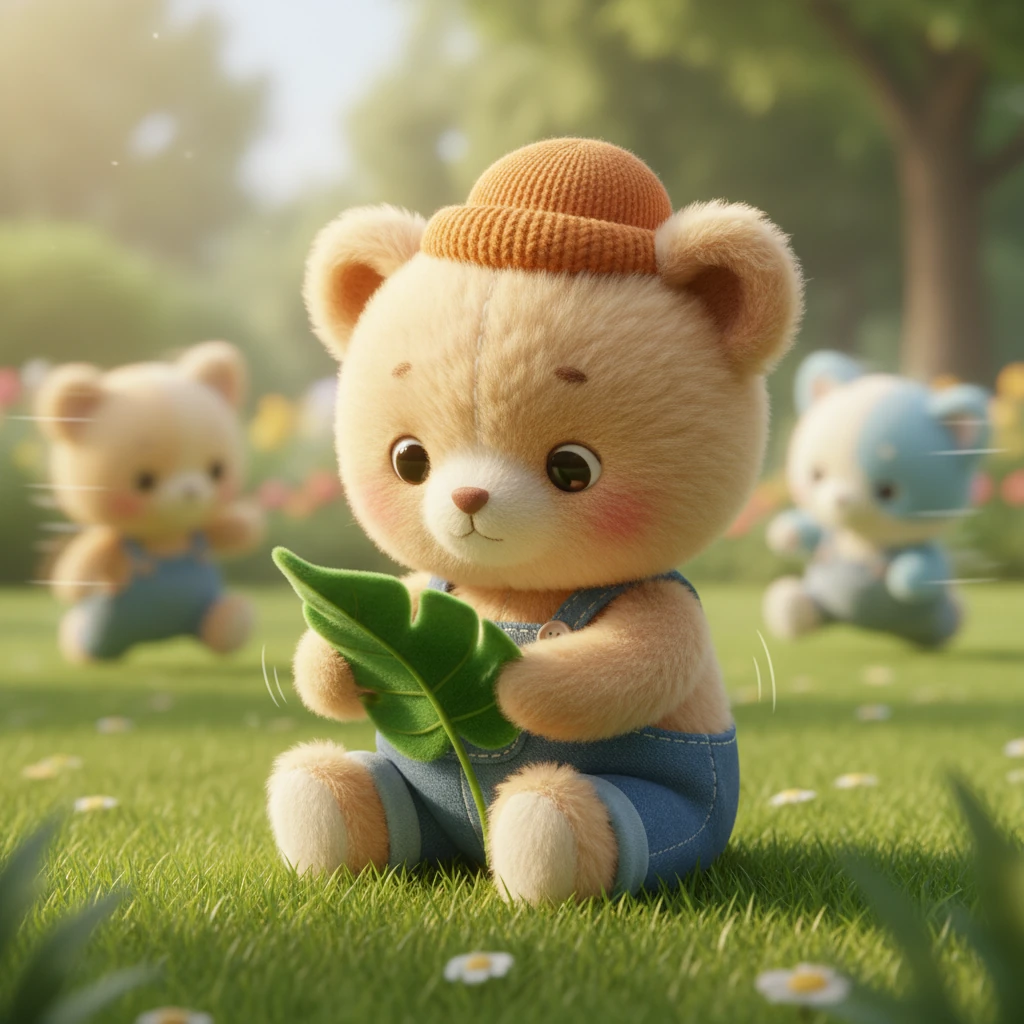 Um dia, Pipo encontrou uma folha de veludo no jardim, mais macia do que ele já sentira. Seus pequenos dedinhos peludos exploraram cada curva e textura com uma concentração profunda. Enquanto os outros filhotes brincavam ruidosamente à sua volta, Pipo estava completamente imerso na sensação suave e aveludada da folha, como se o mundo inteiro tivesse desaparecido.