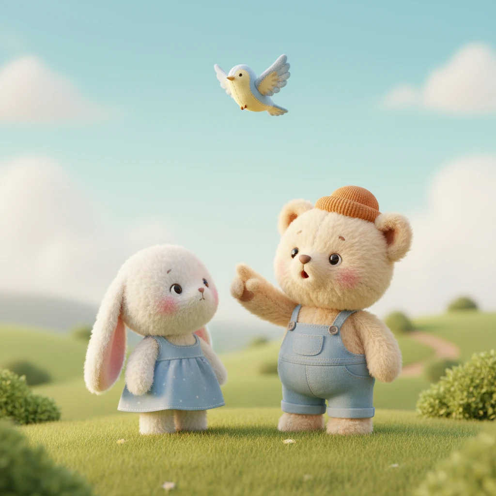 Seu amigo, um coelhinho chamado Fofinho, tentou perguntar algo a Pipo sobre a festa. Pipo, em vez de responder com palavras, apontou para o céu azul e depois para um pássaro que voava, emitindo pequenos sons repetitivos e melodiosos. Fofinho, com paciência, observou Pipo, tentando entender a sua própria maneira especial de se expressar.