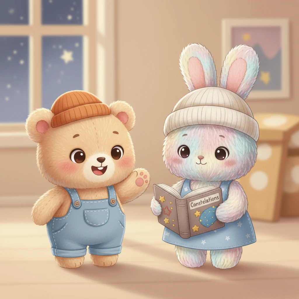 Pipo adorava estrelas, e sabia tudo sobre elas. Ele pegou um livro de pano sobre constelações e mostrou a Fofinho, explicando com gestos entusiastas e muitos "ohs" e "ahs" sobre a Ursa Maior e a Via Láctea. Seus olhos brilhavam de paixão enquanto ele compartilhava seu conhecimento especial, sentindo uma conexão profunda com o universo.