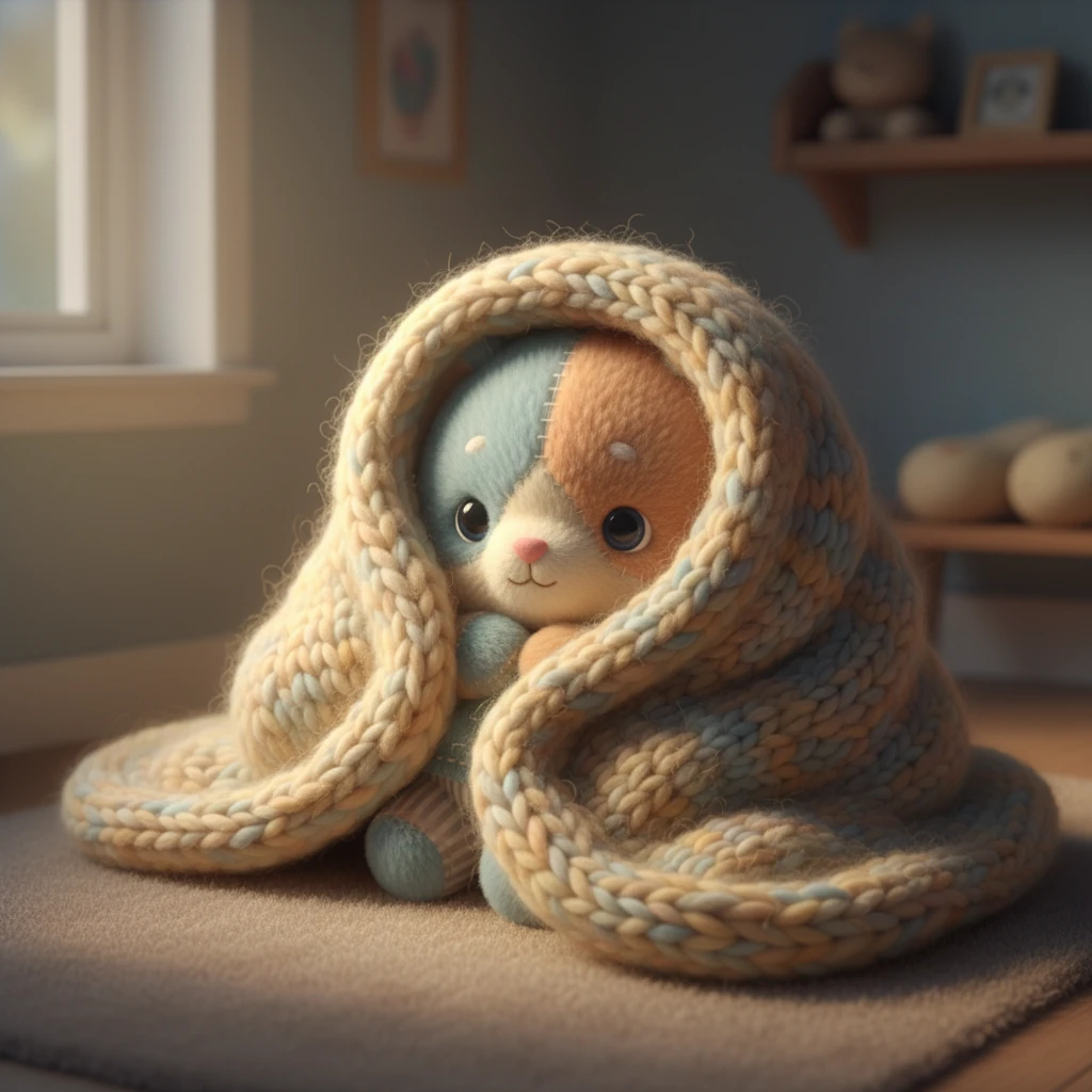 Depois de um dia cheio de novas sensações, Pipo sentiu a necessidade de recarregar suas energias. Ele se enrolou em seu cobertor mais pesado, que o envolvia como um abraço aconchegante. Neste refúgio macio e silencioso, Pipo podia processar todas as impressões do dia, encontrando paz na quietude e no conforto tátil.