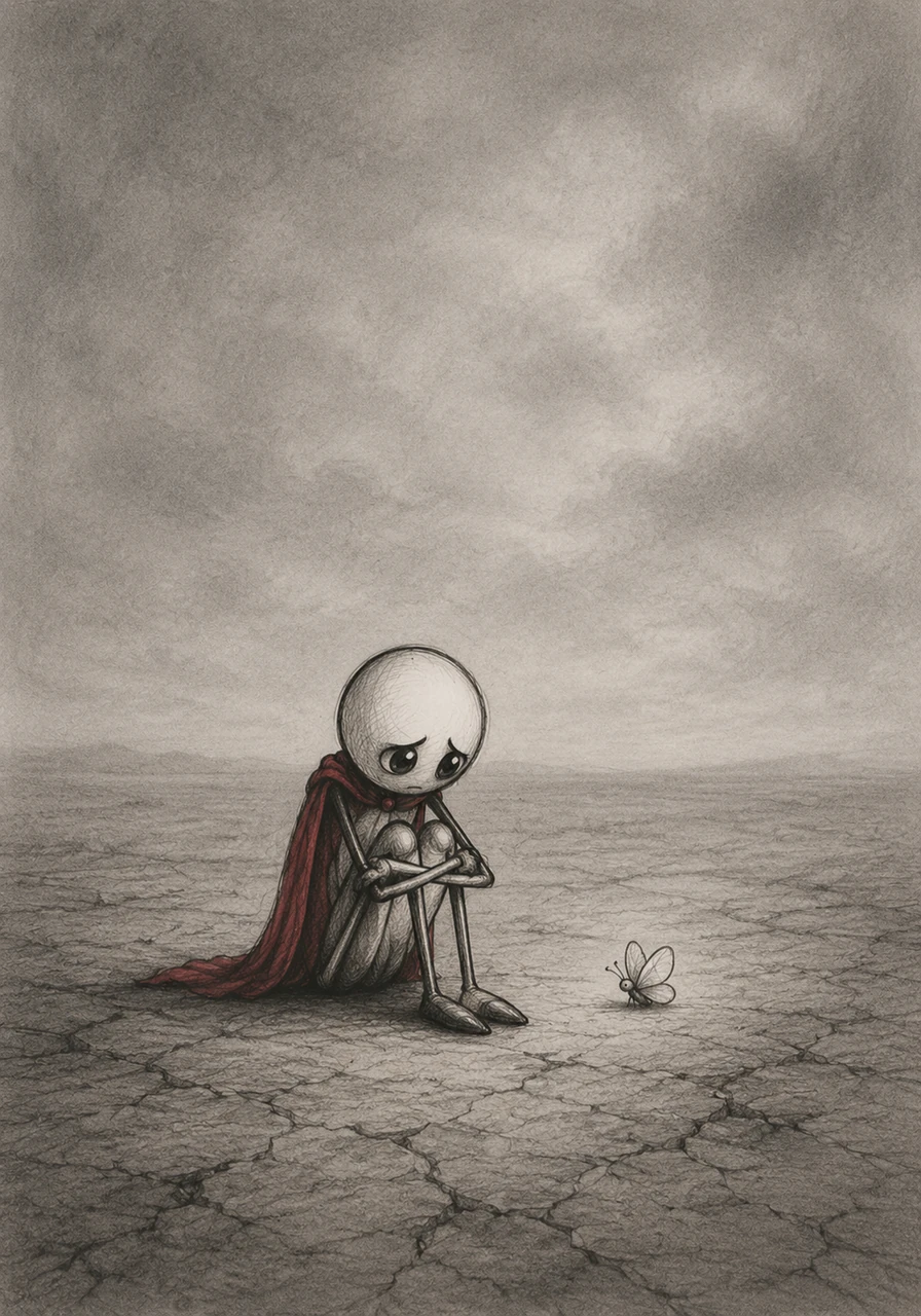 Arthur sat on the cold, cracked ground, pulling his knees tightly against his chest. He felt small and completely invisible in the vast, empty gray world around him. He wrapped his thin arms around his legs, wishing he could just shrink away from his troubles.