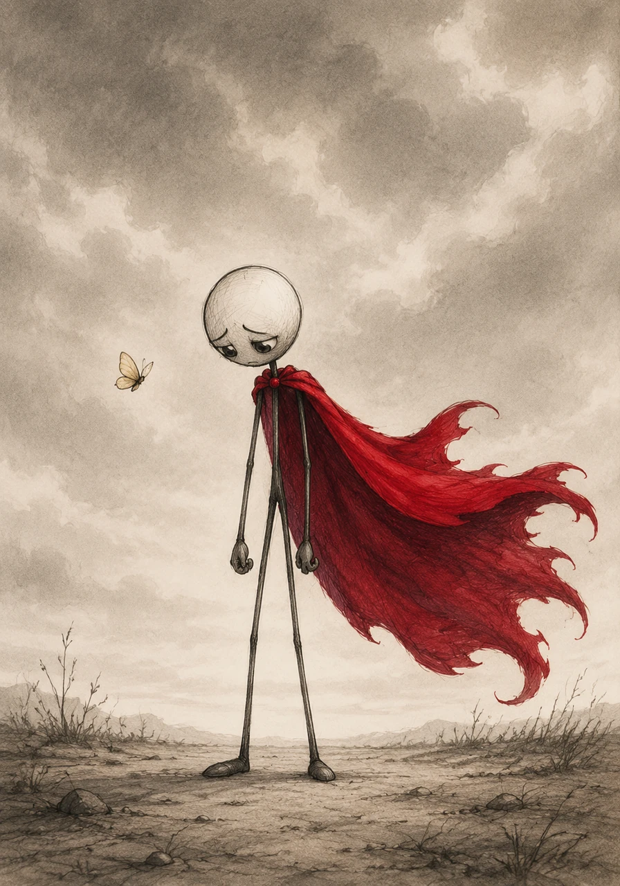 A soft breeze began to stir, rustling a vibrant crimson cape attached to Arthur's shoulders. The bright fabric danced beautifully against the dull sky, though Arthur kept his head down, completely unaware of its presence. It waited patiently for him, a silent promise of the strength he carried.