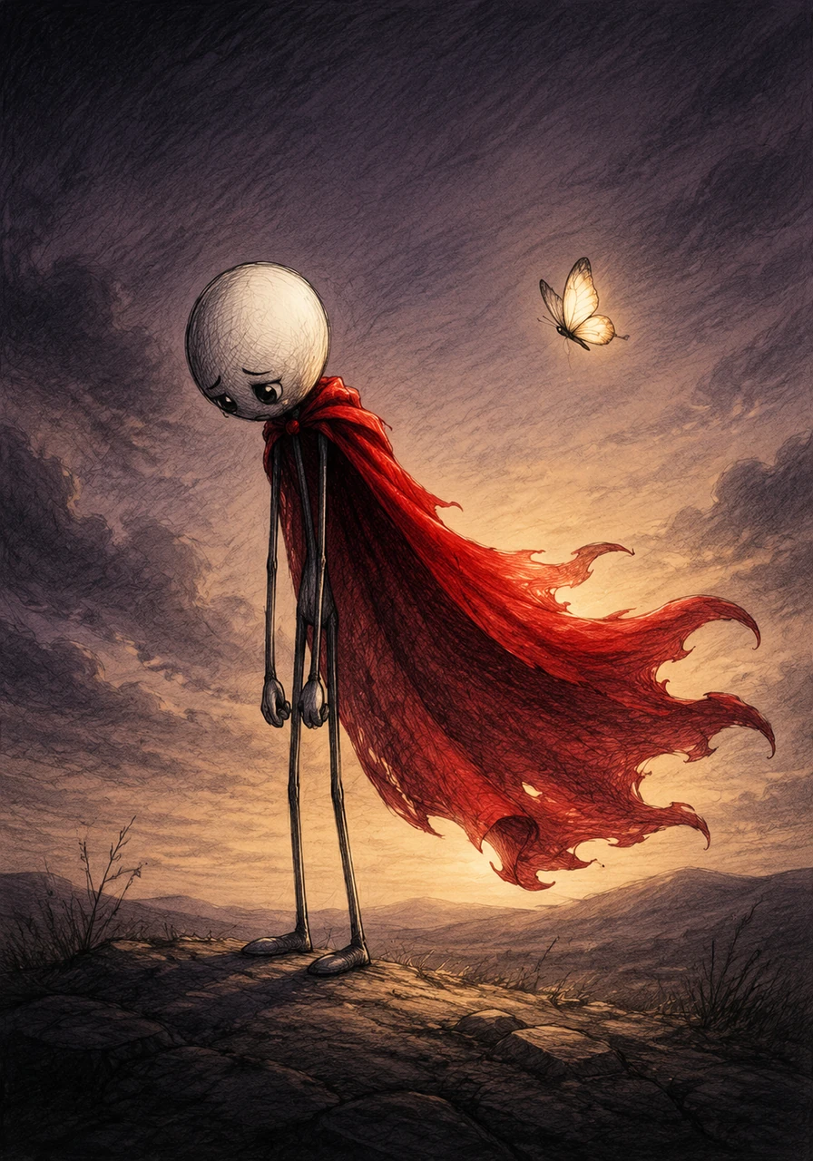 The shadows around Arthur grew longer and darker, stretching across the ground like heavy velvet blankets. Yet, the red cape seemed to catch a hidden light, glowing softly in the twilight. It stood as a bold contrast to his posture of defeat, whispering of adventures yet to come.