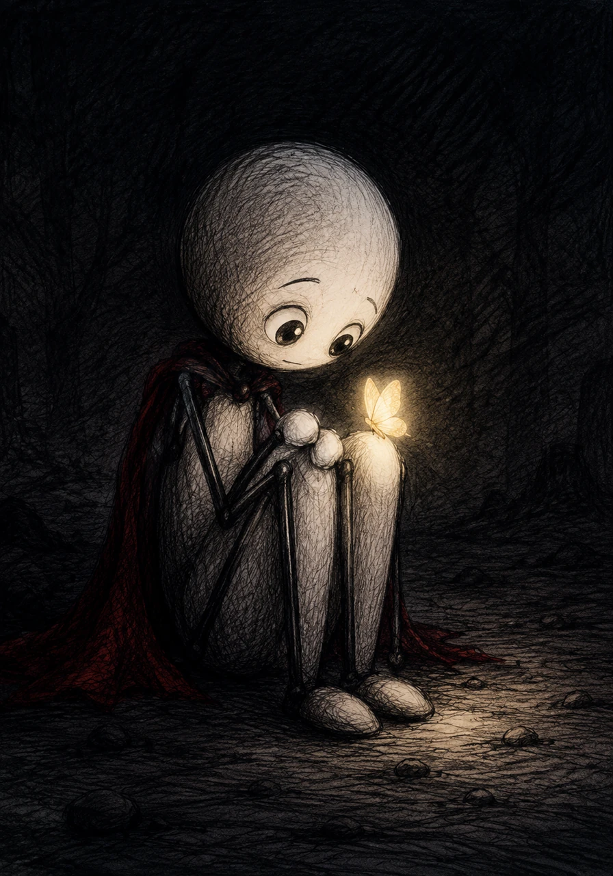 A tiny, luminous butterfly fluttered out of the darkness and landed gently on Arthur's knee. Arthur tilted his head just enough to peek out, watching the fragile creature brave the cold night air. For the first time, a spark of curiosity flickered in his sad eyes.