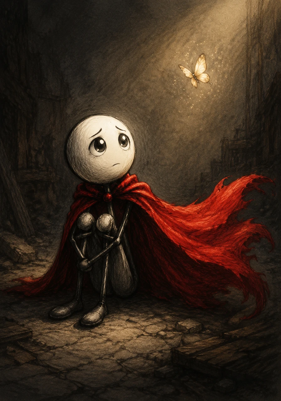 Inspired by the little butterfly, Arthur slowly loosened his grip around his legs and lifted his head. As he moved, the great red cape rippled behind him like a sudden flame in the dark. The weight of it on his shoulders felt grounding, warm, and surprisingly comforting.