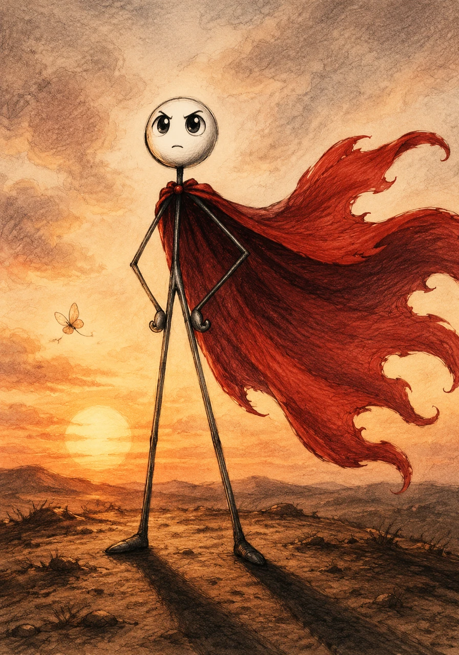 Arthur placed his hands flat on the earth and pushed himself up, his long limbs unfolding with newfound determination. The cape caught the rising wind, unfurling to its full, magnificent length behind him. He was no longer just a figure on the ground; he was standing tall.