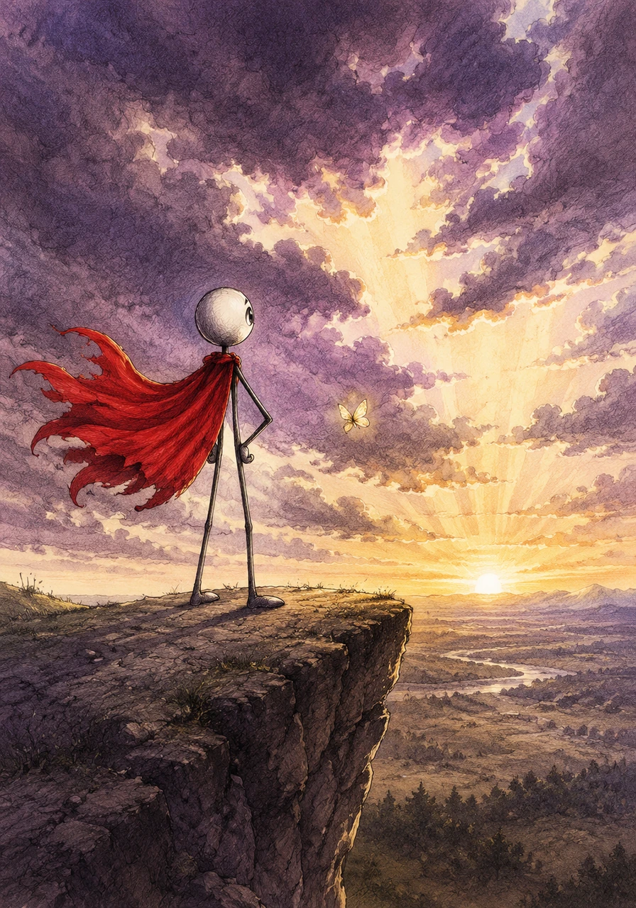 Looking out over the horizon, Arthur saw the sun beginning to break through the heavy clouds, painting the sky in streaks of gold and purple. The world didn't seem quite so terrifying anymore now that he was looking it in the eye. His cape snapped proudly in the morning breeze.
