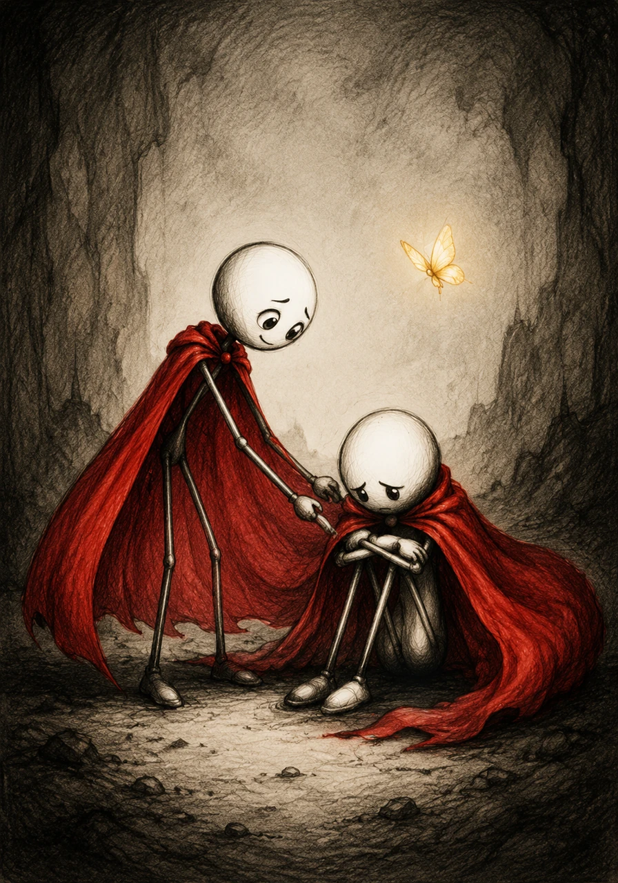 On his journey, Arthur encountered another lonely stick figure sitting in the shadows, looking just as lost as he had been. Arthur paused, a gentle smile forming on his face as he reached out a supportive hand. His red cape wrapped around them both, sharing its warmth and hope.
