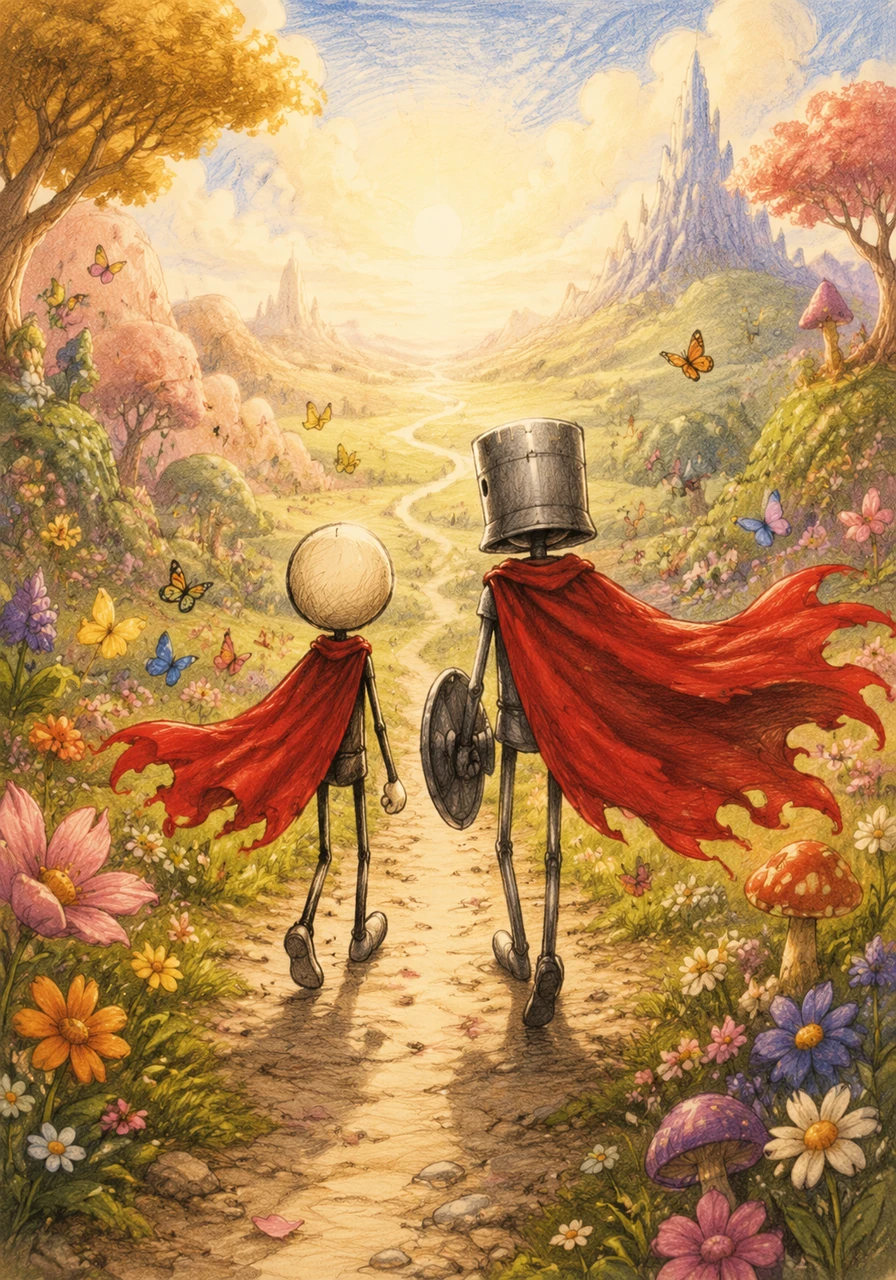 Together, the two friends walked into a bright and colorful landscape, ready to face whatever challenges lay ahead. Arthur's crimson cape fluttered joyfully in the wind, a beautiful symbol of the hero that lives inside anyone who finds the strength to stand up.